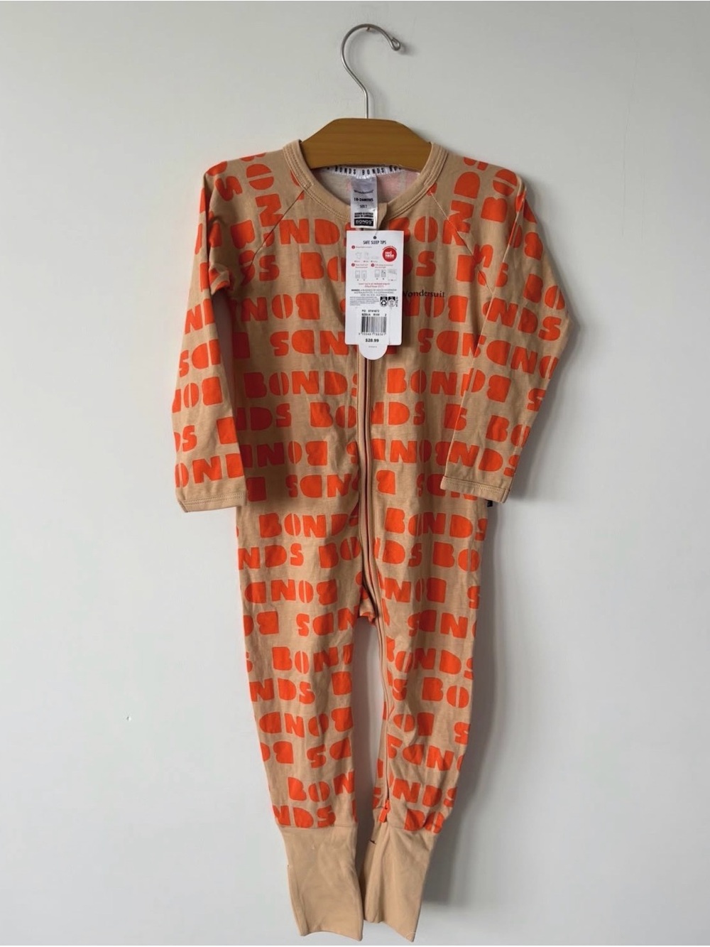 Bonds Beige Footed Zip Romper with Orange Logo Print